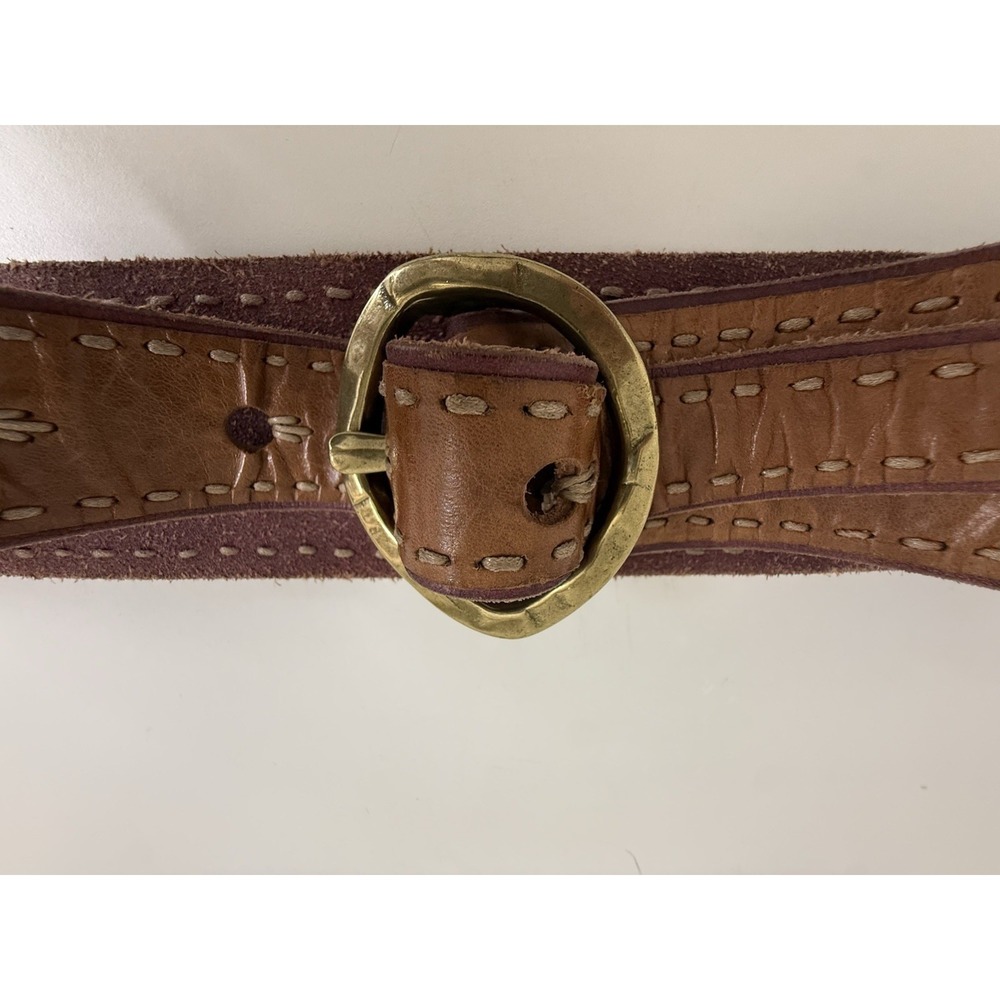 Wide Brown Leather Contour Waist Belt Brass Buckle Whipstitch Boho Western